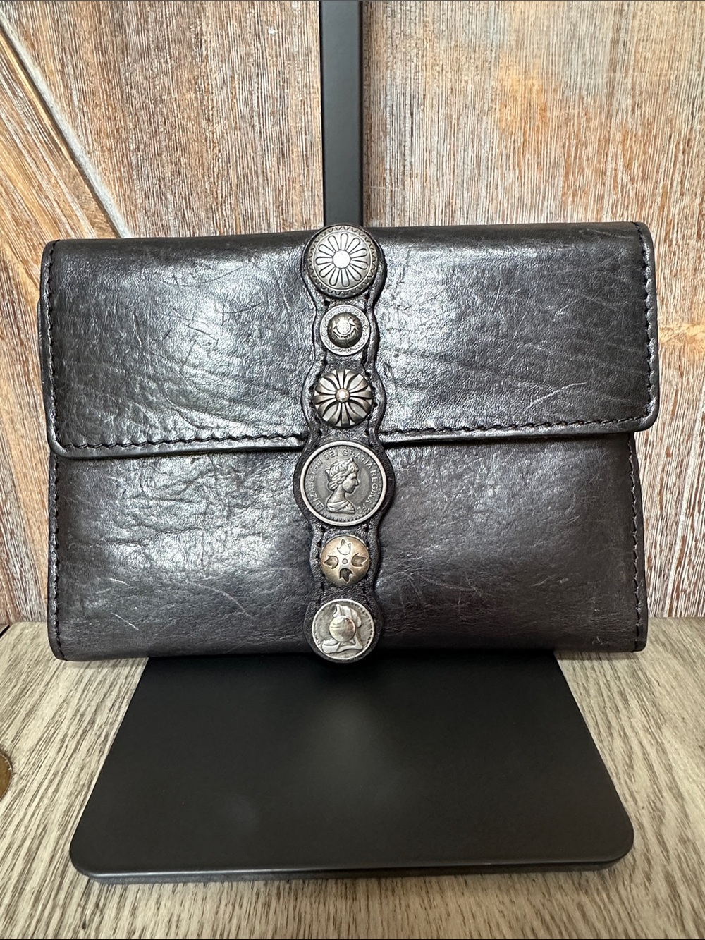 Patricia Nash Black Leather Women's Trifold Wallet with Button Coin Hardware